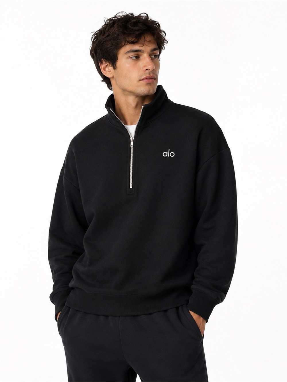 Alo Yoga Black Oversized Quarter Zip Pullover Sweatshirt Unisex Men L Women XL